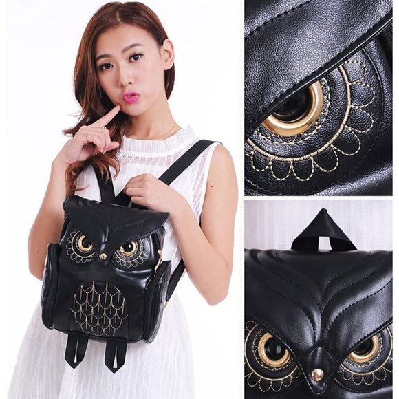 CUTE Black Owl Vegan Leather Backpack Punk Purse Shoulder Bag Daypack New NWT - Picture 3 of 6